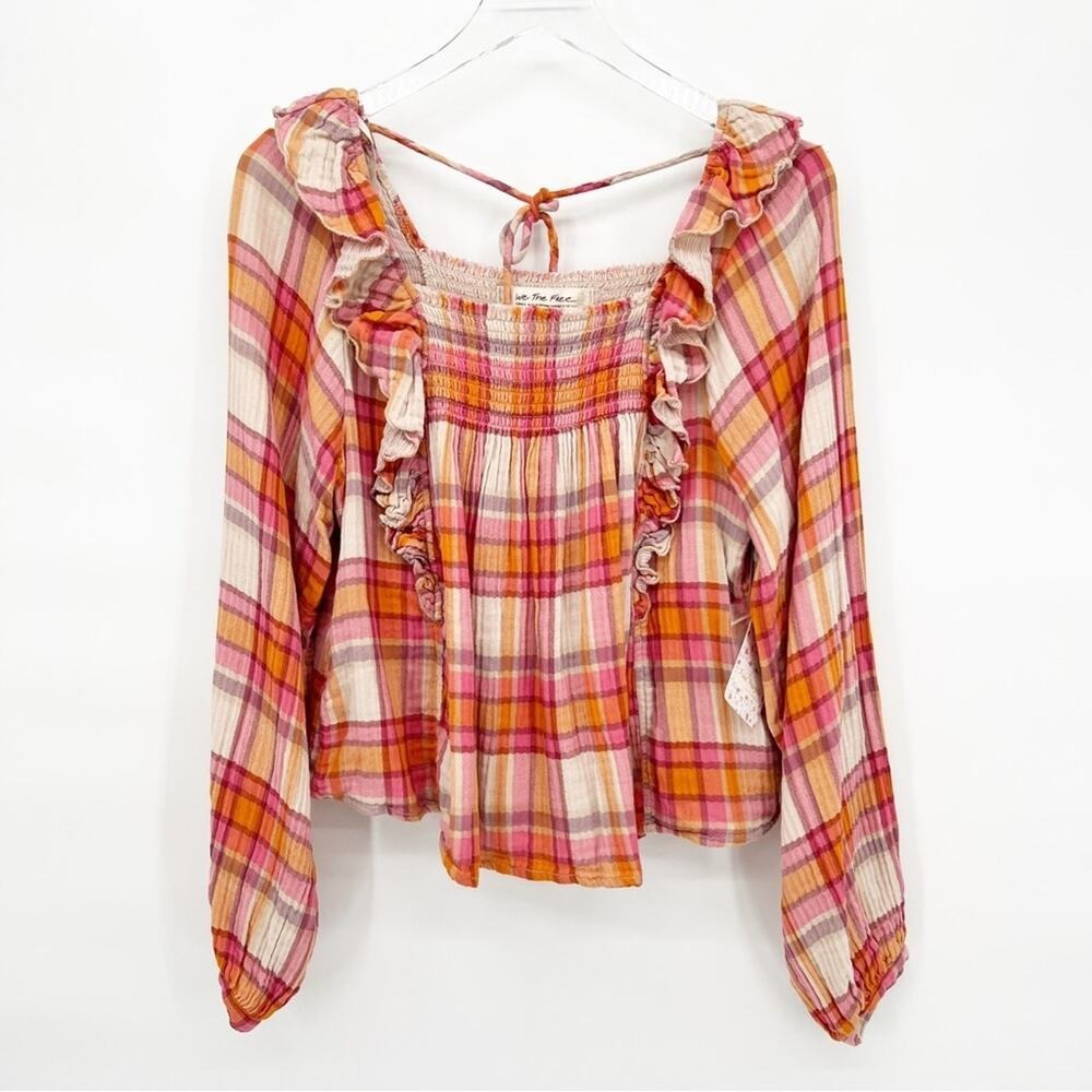NWT Free People Women Sienna Plaid Ruffle Square Neck Blouse S - Picture 2 of 11